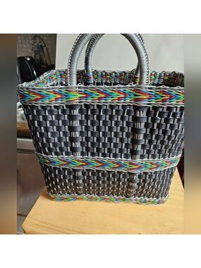 Vintage Fair Trade Black Multi-coloured Weaved Plastic Basket Bag